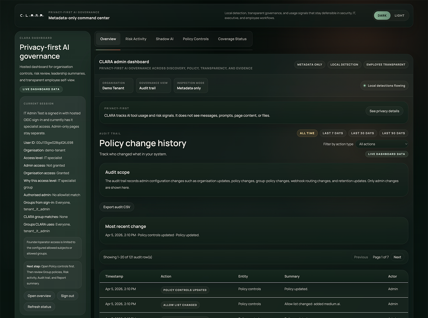 C.L.A.R.A. audit trail view showing structured governance events and evidence history.