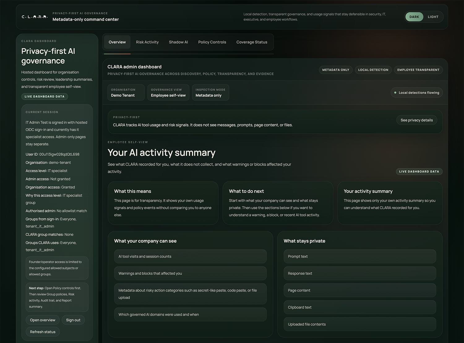 C.L.A.R.A. employee self-view showing what governance metadata is recorded and what is never read.