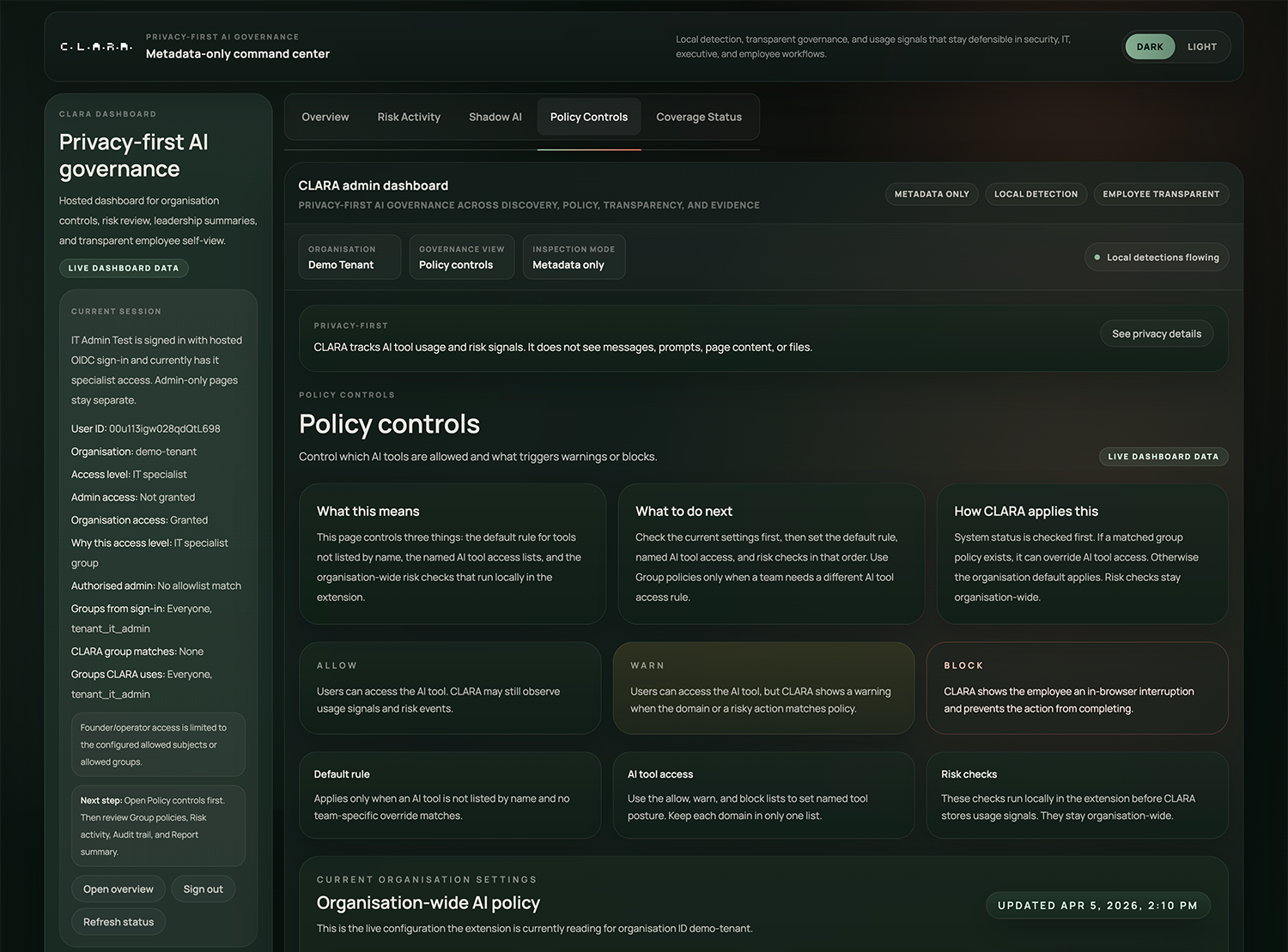 C.L.A.R.A. policy controls view showing allow, warn, and block governance rules.